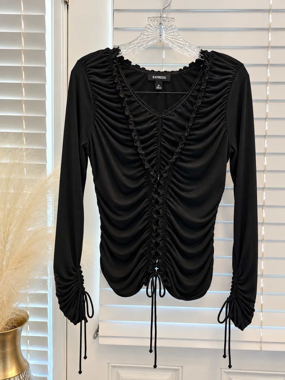 Express Black Ruched V-Neck Long Sleeve Top